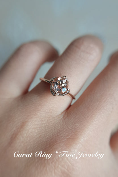 Bague de fiançailles unique en morganite, style vintage antique, sertie de diamants halo, anneau simple en or rose 14 carats, diamants ronds de 6,5 mm