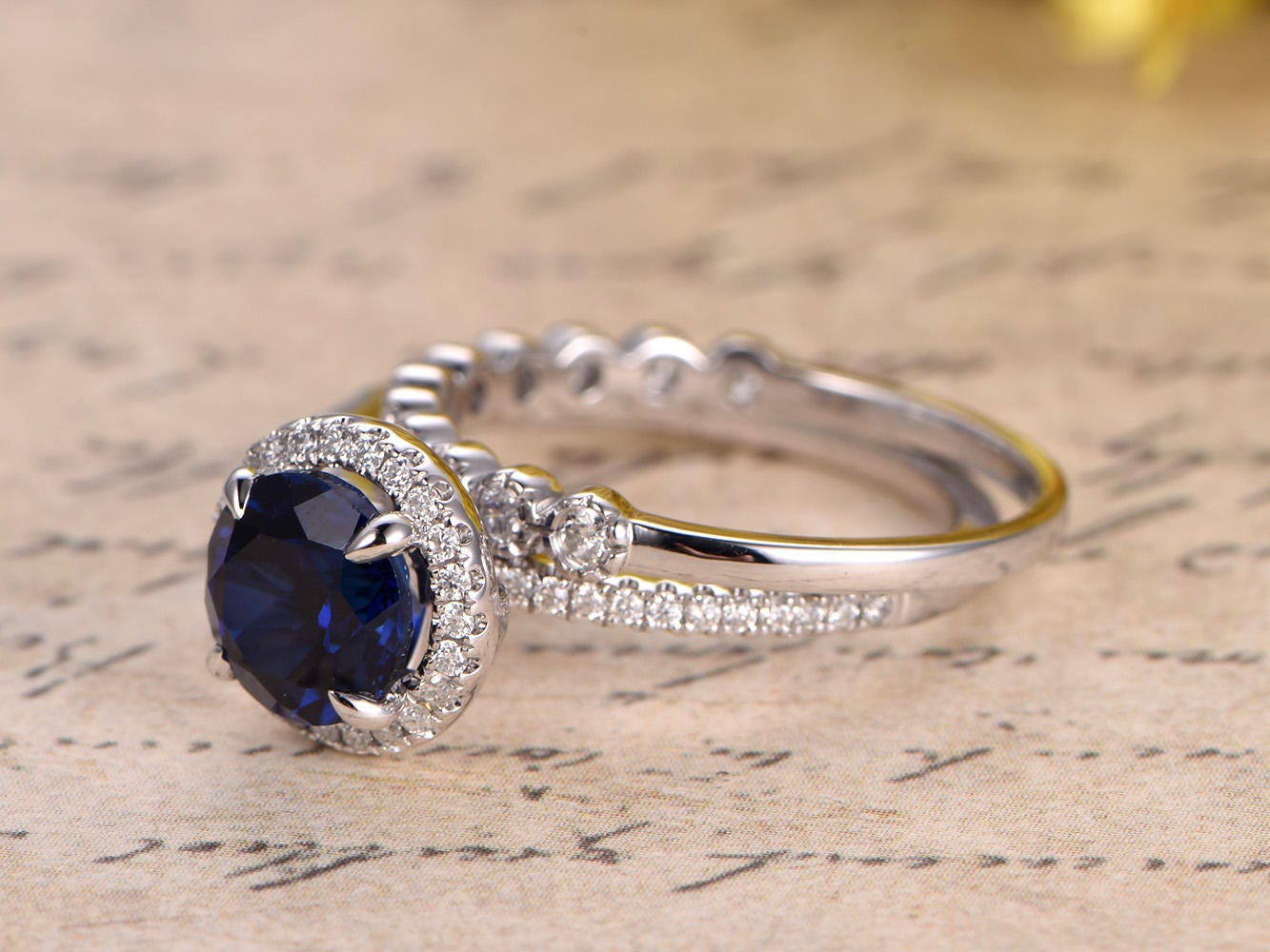 7mm Round Cut Blue Sapphire Engagement Ring Set 2pcs 14K White Gold Diamond Halo | Art Deco Matching Band