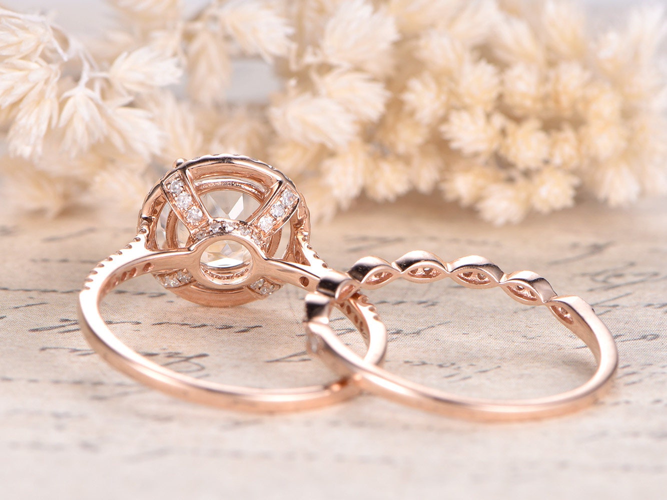 8mm Round Cut White Topaz Engagement Ring Set 2pcs 14K Rose Gold Diamond Halo | Curved Art Deco Matching Band