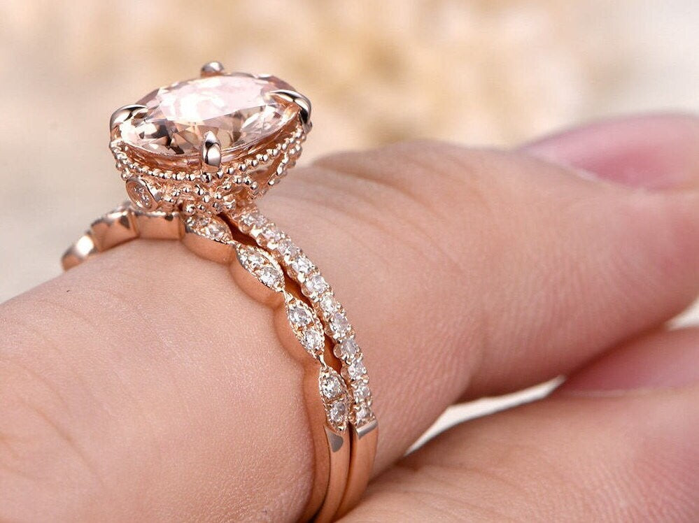 9x11mm Oval Cut Morganite Engagement Ring Set 2pcs 14K Rose Gold Diamond Half Eternity Solitaire | Thin Matching Band