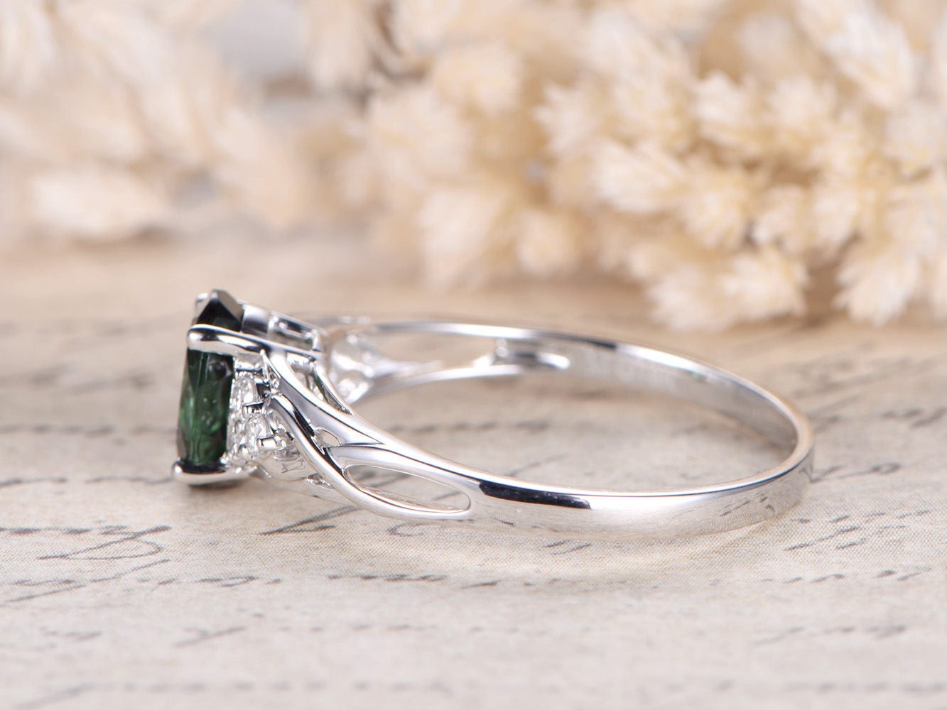 6x8mm Oval Cut Green Tourmaline Engagement Ring 14K White Gold Diamond Side Stone Plain Band