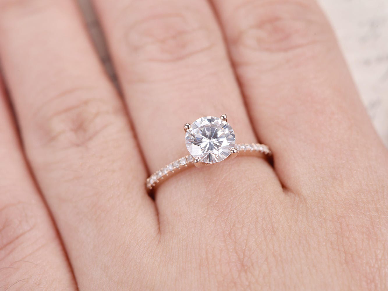 Bague en moissanite, or rose 14 carats, bague de fiançailles en moissanite, alliance en diamant, bague de mariage style Art déco, bague de mariée en moissanite de 7 mm