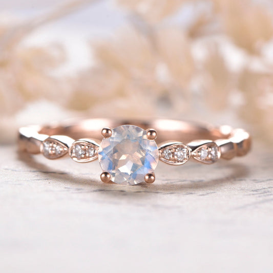 5mm Round Cut Rainbow Moonstone Engagement Ring 14K Rose Gold Diamond Art Deco Solitaire