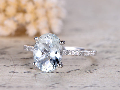 Bague de fiançailles en or blanc 14 carats massif, sertie d'une aigue-marine ovale de 9 x 11 mm, demi-alliance sertie de diamants, bague de promesse, style cathédrale, pavé de billes