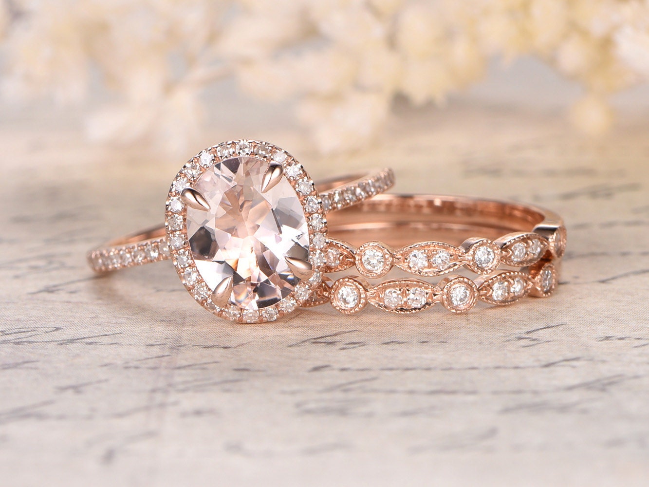 7x9mm-oval-cut-morganite-engagement-ring-set-3pcs-14k-rose-gold-diamond-halo-half-eternity-two-art-deco-matching-band