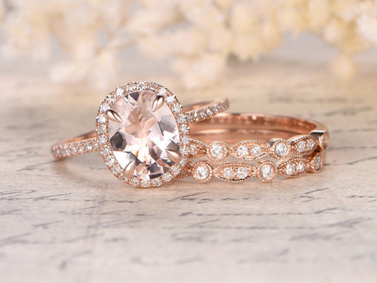 7x9mm-oval-cut-morganite-engagement-ring-set-3pcs-14k-rose-gold-diamond-halo-half-eternity-two-art-deco-matching-band