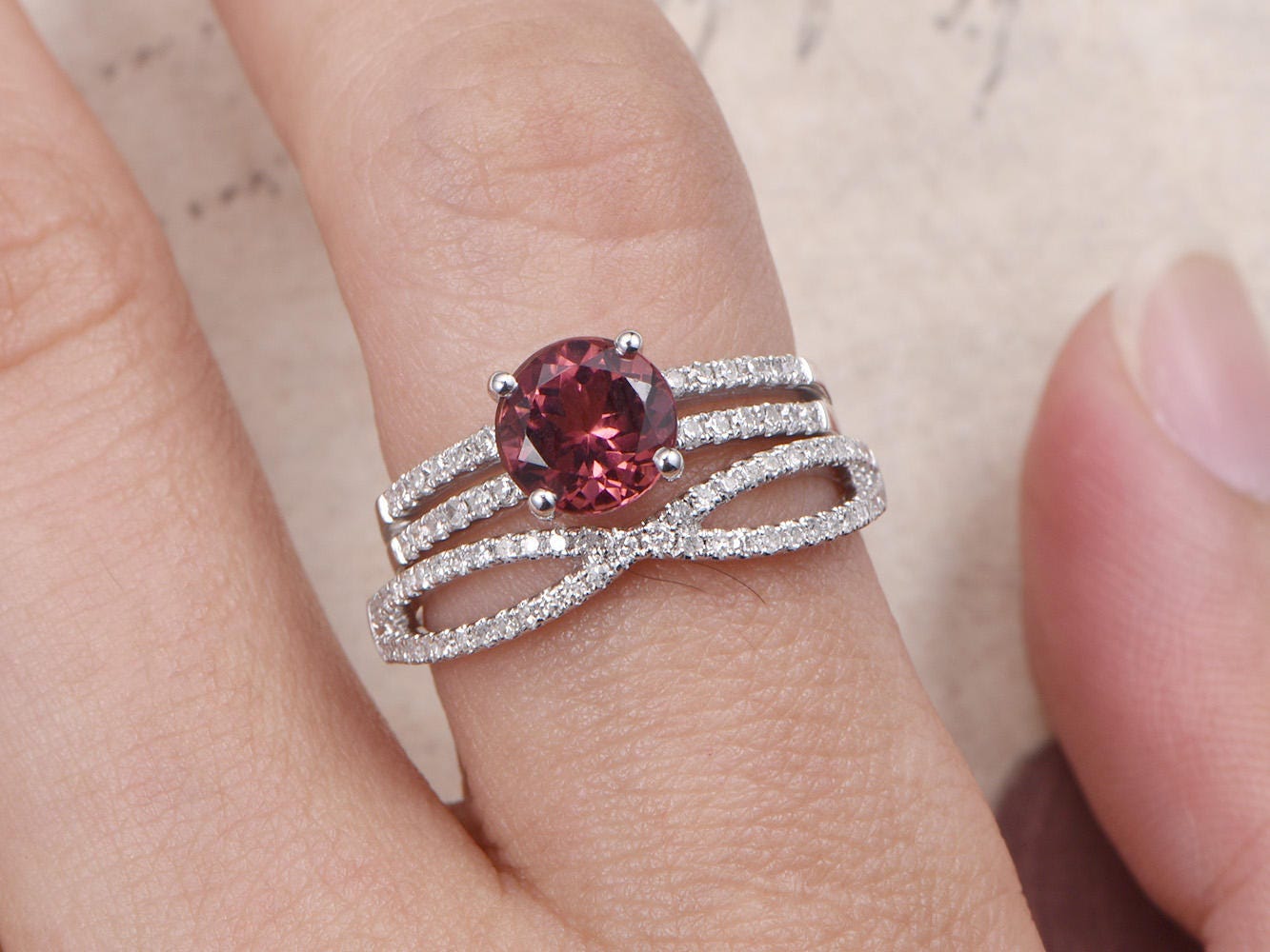 7mm Round Cut Pink Tourmaline Engagement Ring 14K White Gold Diamond Half Eternity