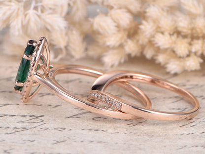 5x10mm-marquise-cut-emerald-engagement-ring-set-2pcs-14k-rose-gold-diamond-halo-plain-band-2pcs-curved-v-band