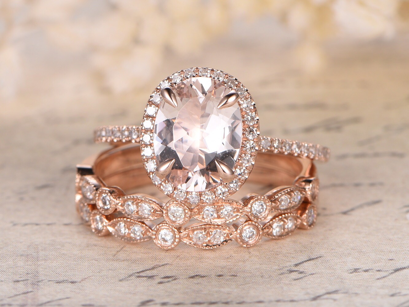 7x9mm-oval-cut-morganite-engagement-ring-set-3pcs-14k-rose-gold-diamond-halo-half-eternity-two-art-deco-matching-band