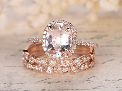7x9mm-oval-cut-morganite-engagement-ring-set-3pcs-14k-rose-gold-diamond-halo-half-eternity-two-art-deco-matching-band