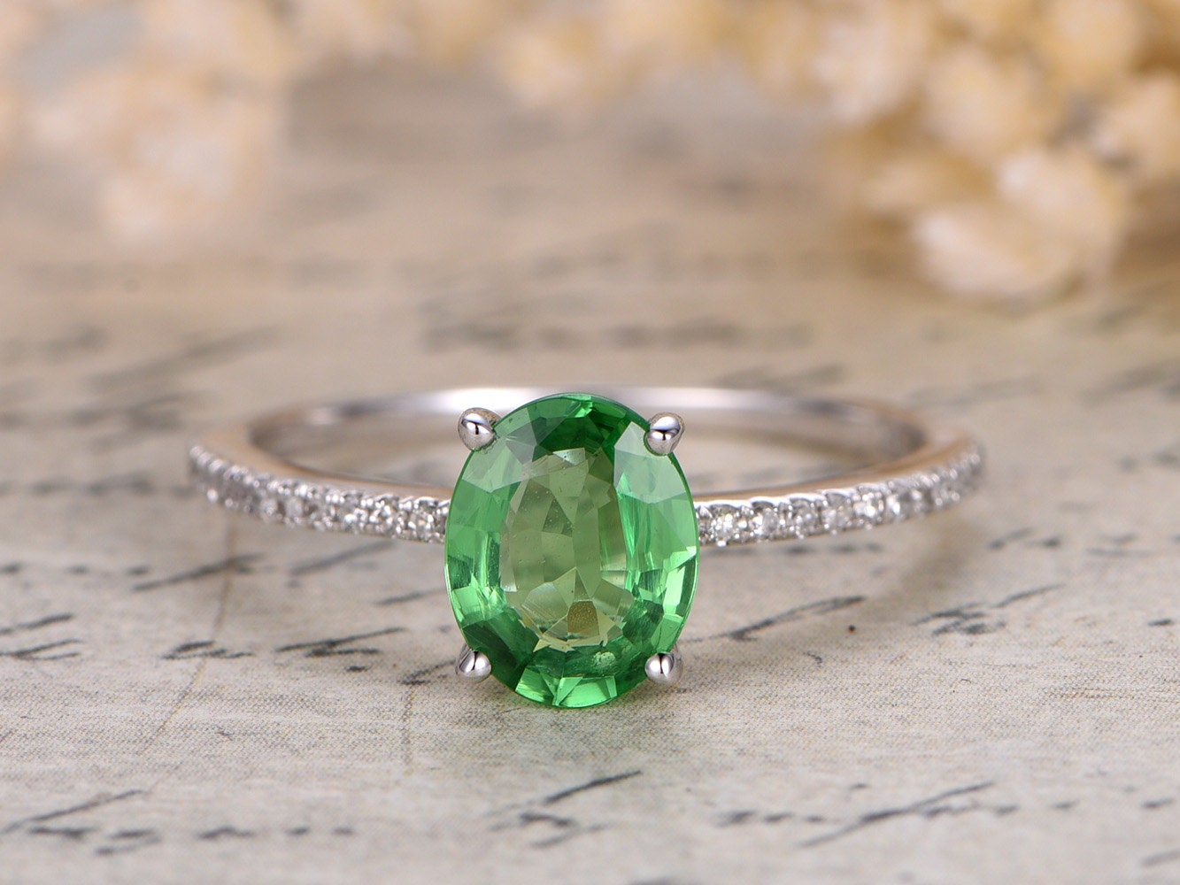 5x7mm Oval Cut Tsavorite Engagement Ring 14K White Gold Diamond Half Eternity Solitaire