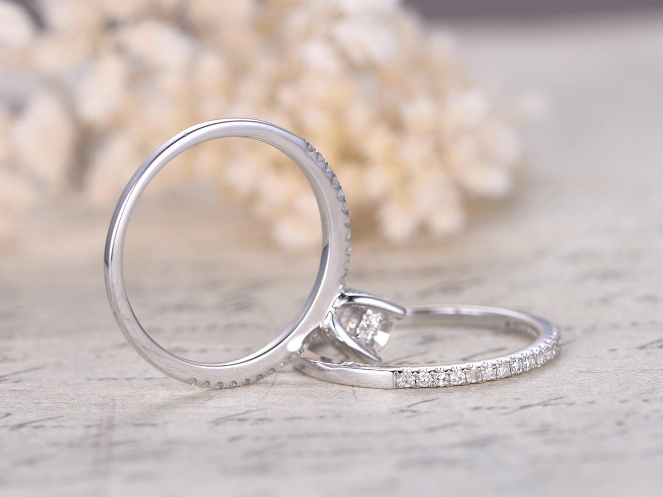 Bague de fiançailles en moissanite taille ronde de 5 mm, alliance en or blanc 14 carats massif, style anneau fin, ensemble de bagues de mariage