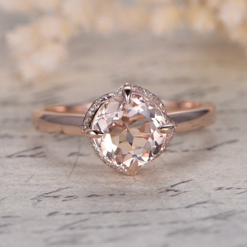Bague de fiançailles unique en morganite, style vintage antique, sertie de diamants halo, anneau simple en or rose 14 carats, diamants ronds de 6,5 mm