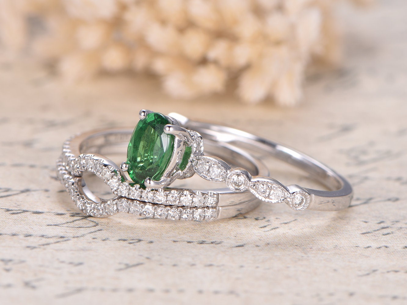 5x7mm-oval-cut-tsavorite-engagement-ring-set-3pcs-14k-white-gold-diamond-accent-two-curved-matching-band