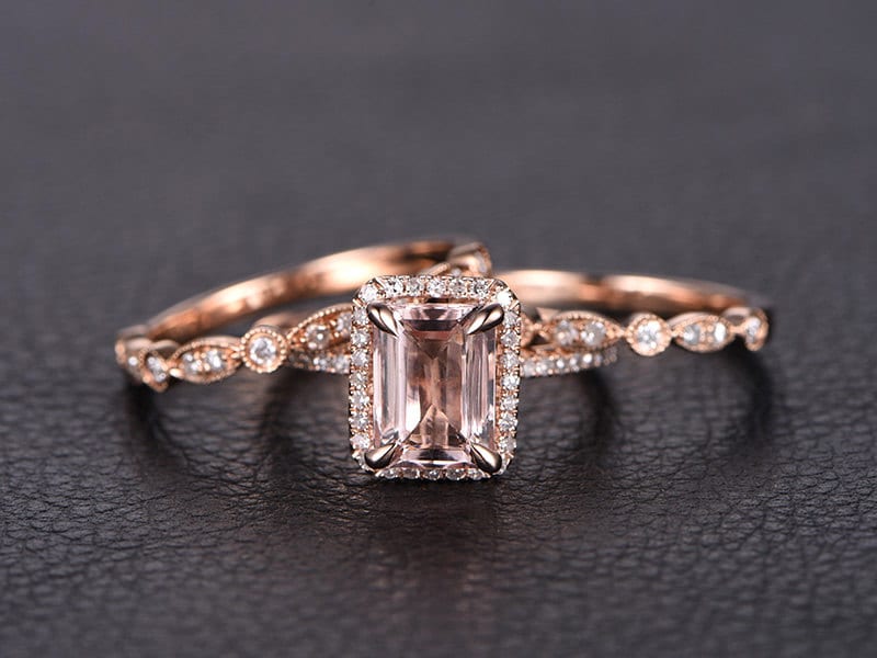 6x8mm-emerald-cut-morganite-engagement-ring-set-3pcs-14k-rose-gold-diamond-halo-two-art-deco-bands