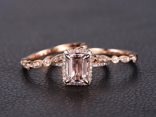 6x8mm-emerald-cut-morganite-engagement-ring-set-3pcs-14k-rose-gold-diamond-halo-two-art-deco-bands