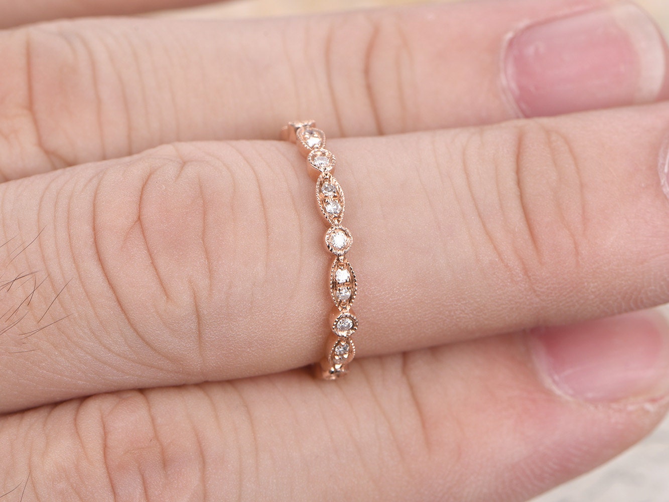 diamond-wedding-band-14k-rose-gold-full-eternity-band-milgrain-art-deco-marquise-dot-design