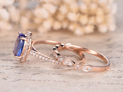 6x8mm Oval Cut Tanzanite Engagement Ring Set 2pcs 14K Rose Gold Diamond Halo | Art Deco Matching Band