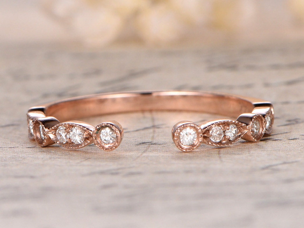 Alliance demi-éternité en diamants, bague de fiançailles, alliance perlée, style Art déco, en or rose 14 carats, ouverture 5 mm