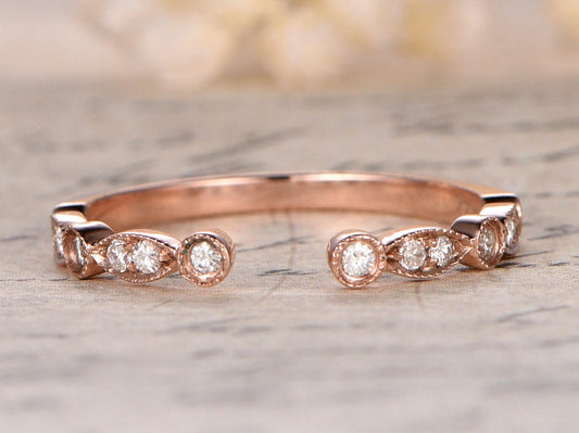 Alliance demi-éternité en diamants, bague de fiançailles, alliance perlée, style Art déco, en or rose 14 carats, ouverture 5 mm