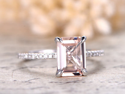 Bague en or blanc et morganite, bague de fiançailles en morganite, alliance en or blanc pour femme, bague de fiançailles taille émeraude 6 x 8 mm, or massif 14 carats
