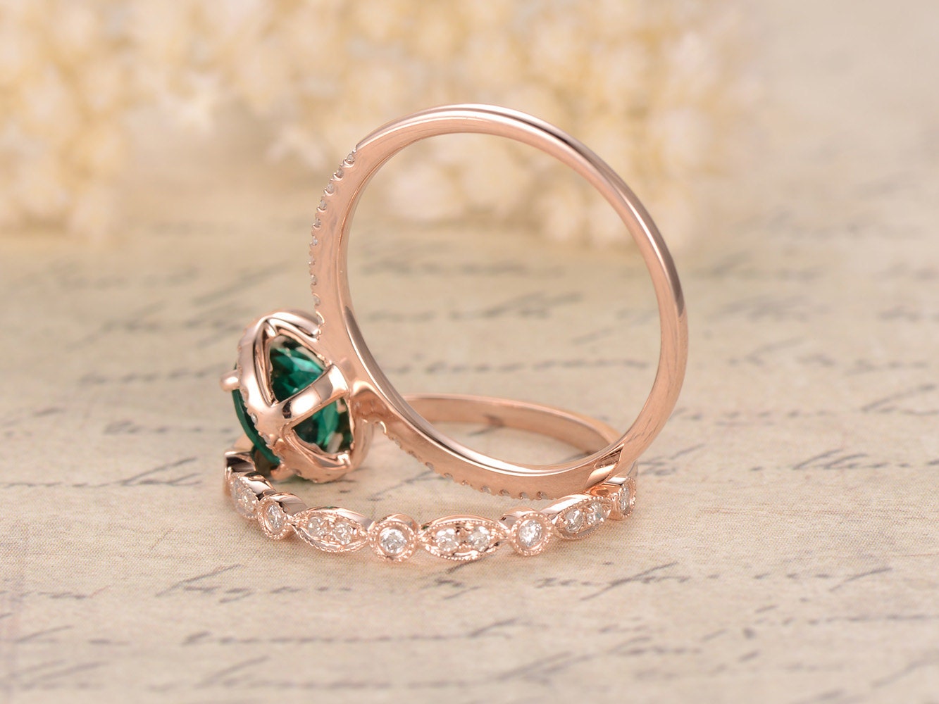 Bague de fiançailles ornée d'une émeraude, bague en émeraude taille ronde de 7 mm, alliance en diamants style Art déco, ensemble de bagues de mariée, or rose 14 carats, bague de naissance de mai