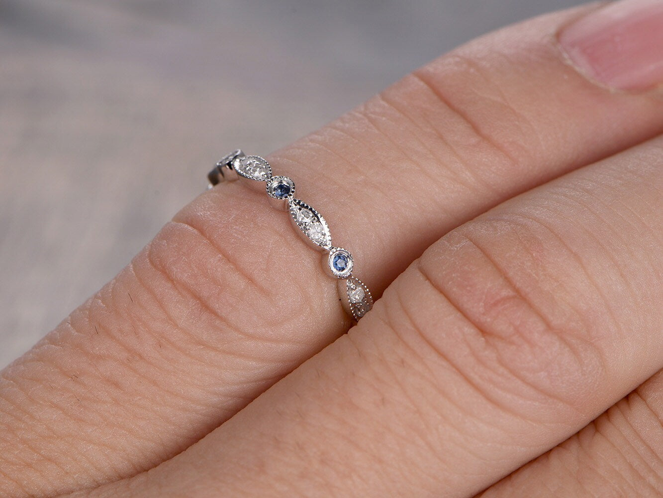 sapphire-wedding-band-14k-white-gold-diamond-full-eternity-art-deco-design