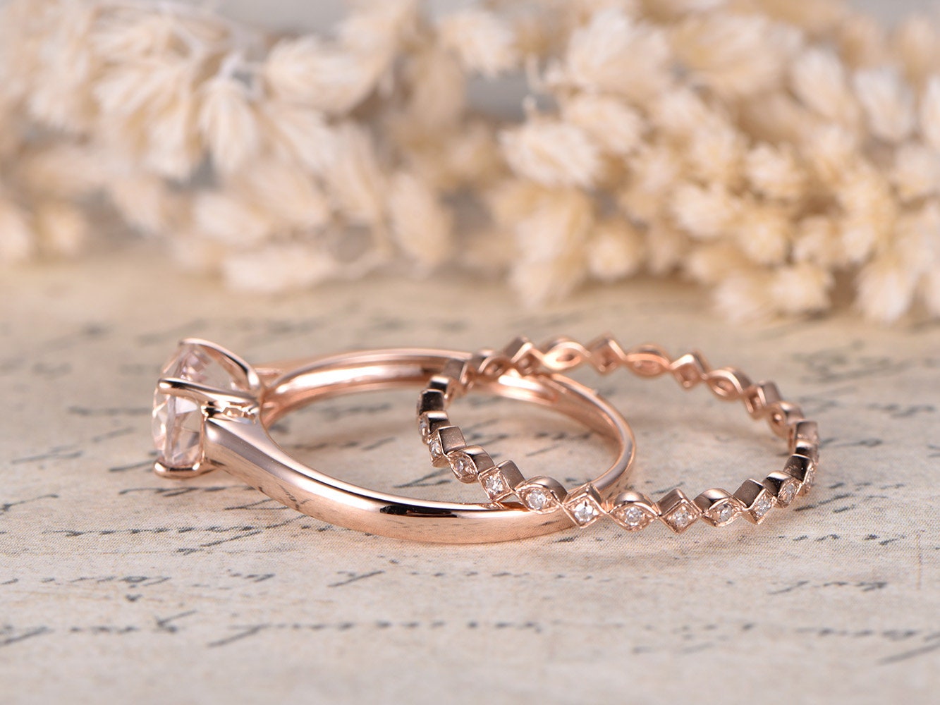 7mm-round-cut-morganite-engagement-ring-set-2pcs-14k-rose-gold-solitaire-design-diamond-art-deco-full-eternity-matching-band