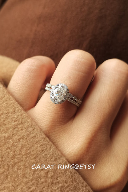 Ensemble de bagues de fiançailles en moissanite ovale, or blanc, alliance en moissanite 6x8 mm, bague de mariage en diamant, bagues en moissanite, ensemble de 2 bagues vintage