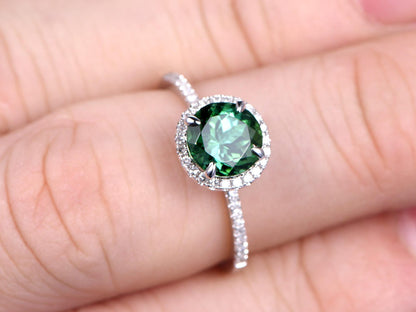 7mm Round Cut Green Tourmaline Engagement Ring 14K White Gold Diamond Halo Half Eternity