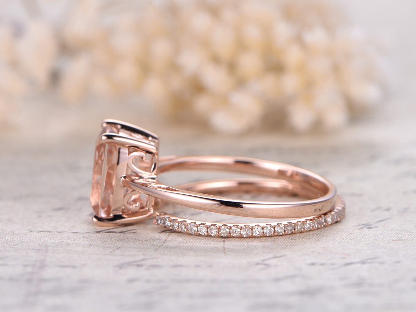 7x9mm Cushion Cut Morganite Engagement Ring Set 2pcs 14K Rose Gold Solitaire | Opening Thin Matching Band