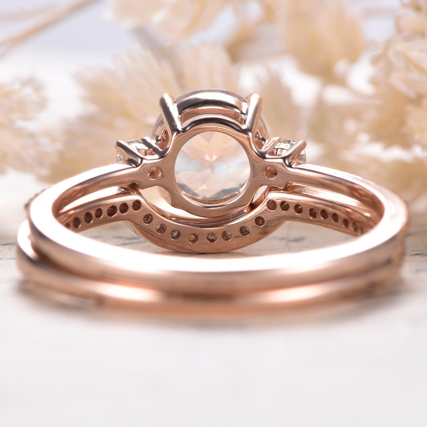 7mm Round Cut Moonstone Engagement Ring Set 2pcs 14K Rose Gold and Diamond Curved Matching Band