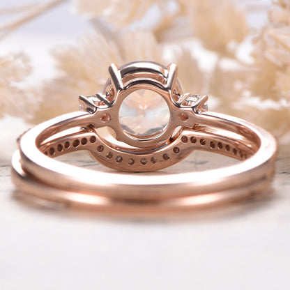 7mm Round Cut Moonstone Engagement Ring Set 2pcs 14K Rose Gold and Diamond Curved Matching Band