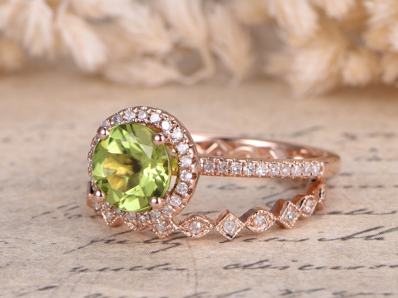 7mm Round Cut Peridot Engagement Ring Set 2pcs 14K Yellow Gold Diamond Halo | Full Eternity Art Deco Matching Band