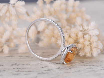 8mm Cushion Cut Citrine Engagement Ring 14K White Gold Diamond Halo Design Half Eternity