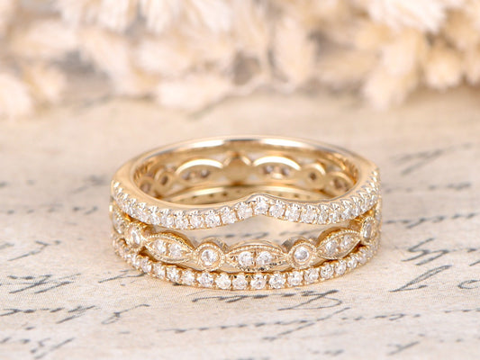 Ensemble de bagues de fiançailles en or jaune 14 carats avec diamants, alliance sertie de diamants.