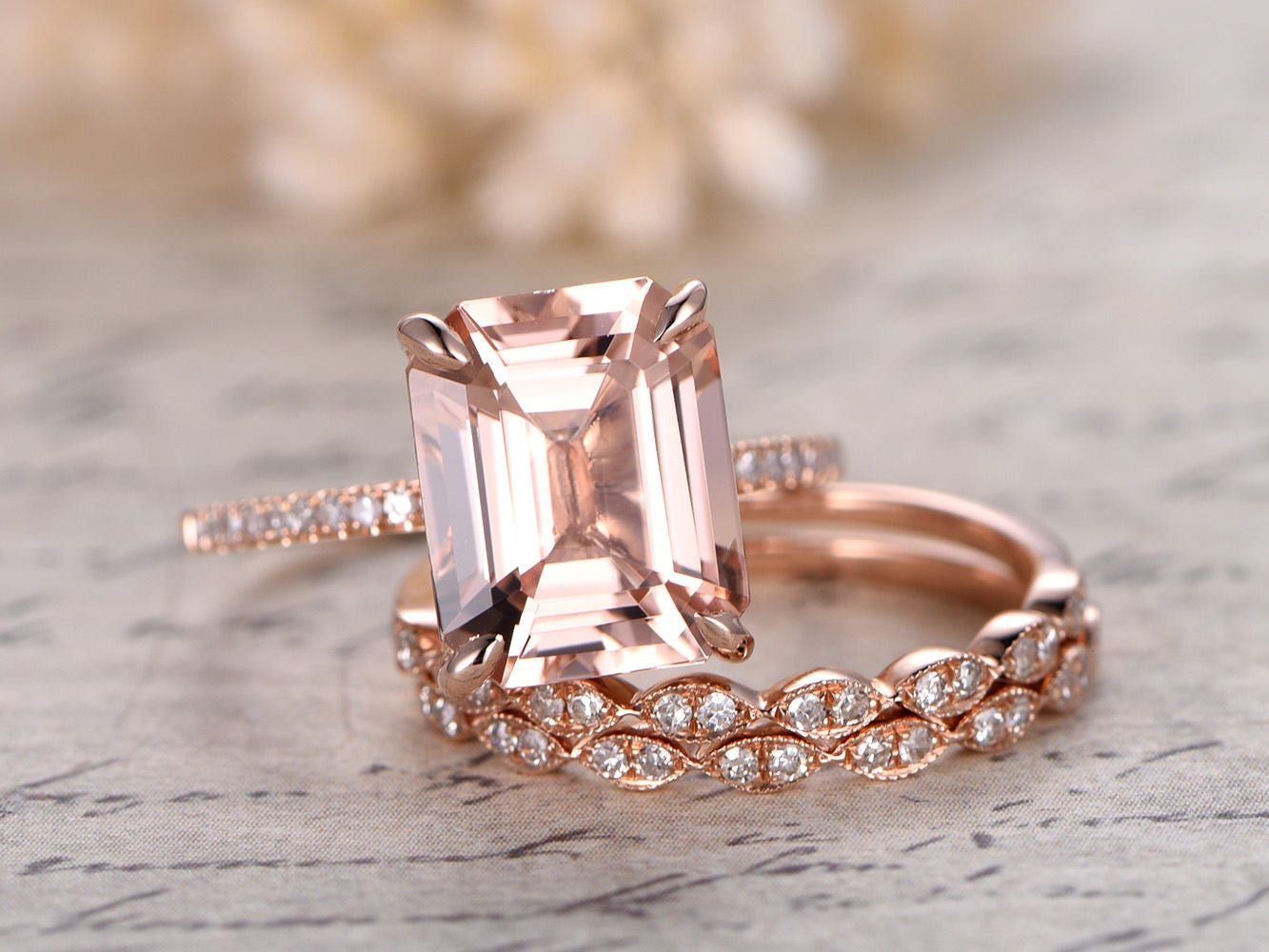 9x11mm Emerald Cut Morganite Engagement Ring Set 3pcs Solitaire | Two Art Deco Matching Band