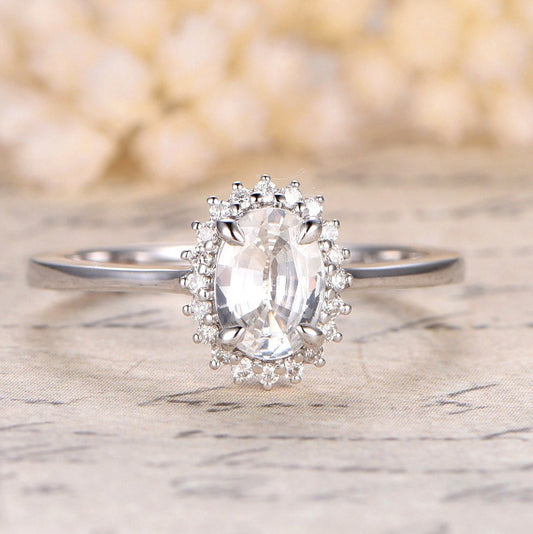 Bague de fiançailles en saphir blanc, bague Diana, or blanc 14 carats, pierre ovale 5 x 7 mm, alliance Art déco en diamants, saphir rose et morganite disponibles