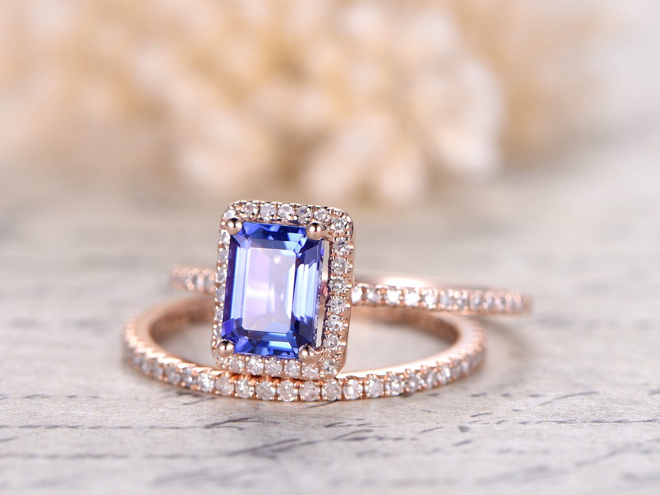 5X7mm Emerald Cut Tanzanite Engagement Ring Set 2pcs 14K Rose Gold Diamond Halo