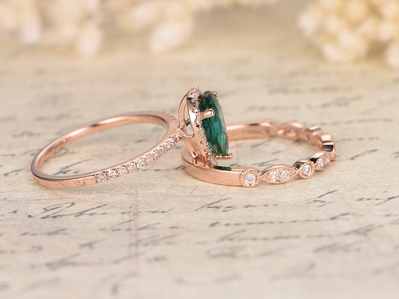 6x8mm-pear-cut-emerald-engagement-ring-set-2pcs-14k-rose-gold-diamond-halo-art-deco-matching-band