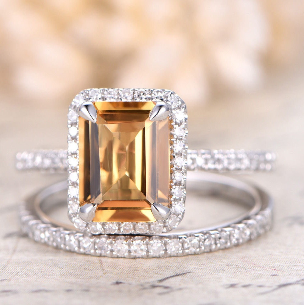 6x8mm Emerald Cut Citrine Engagement Ring Set 2pcs 14K White Gold Diamond Halo Half Eternity