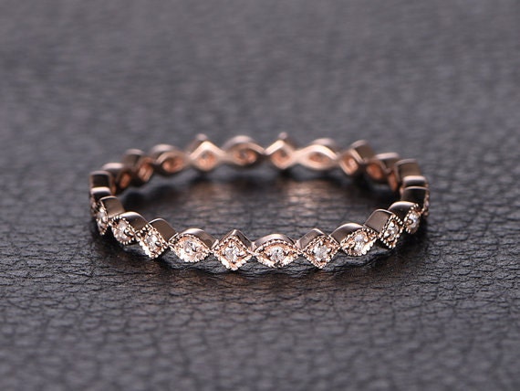 Milgrain Diamond Band 14K Yellow Gold Full Eternity Art Deco Design