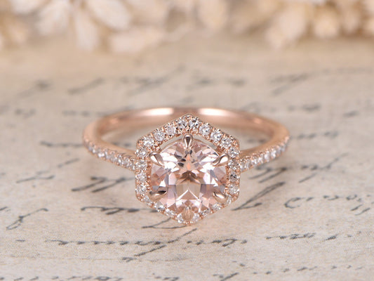 Bague en or rose et morganite, bague de fiançailles vintage, pierre ronde de 7 mm, alliance demi-éternité, cadeau pour elle