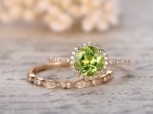 7mm Round Cut Peridot Engagement Ring Set 2pcs Diamond Halo | Diamond Art Deco Matching Band