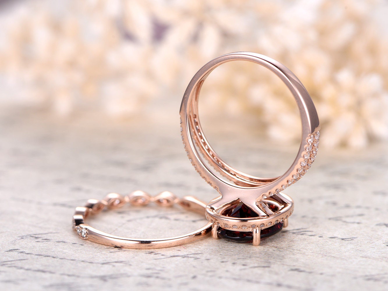 8x10mm Oval Cut Red Garnet Engagement Ring Set 2pcs 14K Rose Gold Diamond Halo Split Shank and Art Deco Band