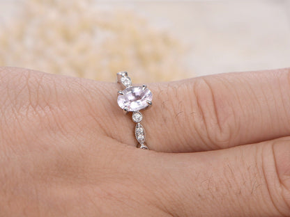 5x7mm Oval Cut White Sapphire Engagement Ring 14K White Gold Diamond Art Deco Band