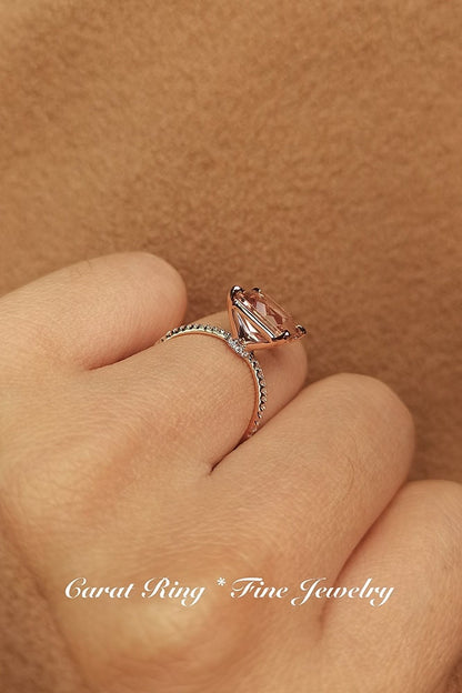 Bague en or rose 14 carats massif, sertie d'une morganite taille princesse de 9 mm, bague de fiançailles en morganite, bague solitaire en morganite, alliance pavée de diamants et morganite.