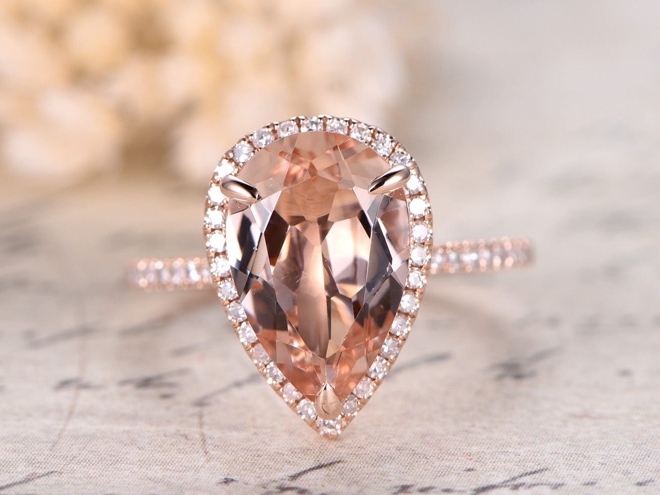 Bague de fiançailles vintage en morganite, or rose, forme poire, alliance ancienne avec halo de diamants, style Art déco, demi-alliance, bague d'anniversaire