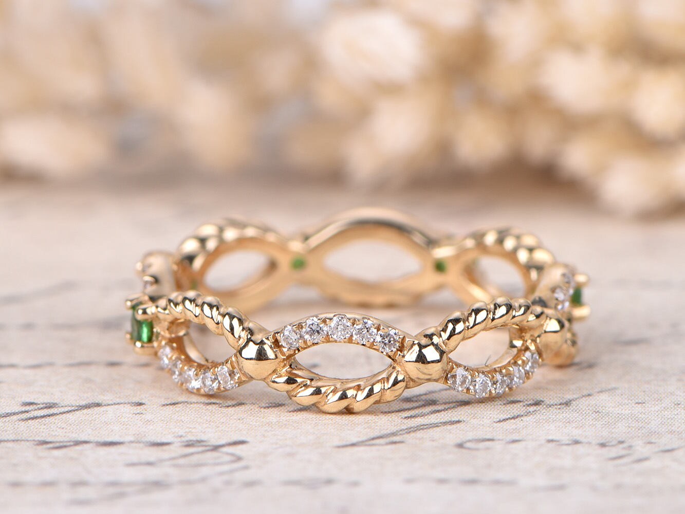 Alliance torsadée en diamant, bague d'éternité complète en or jaune 14 carats, bague empilable torsadée, bague Deco Tsavorite, alliances éternité torsadées