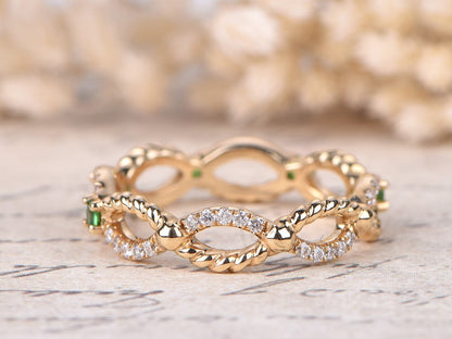 Alliance torsadée en diamant, bague d'éternité complète en or jaune 14 carats, bague empilable torsadée, bague Deco Tsavorite, alliances éternité torsadées